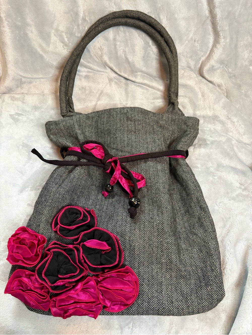 Rare Vintage Concubine Montreal Tweed & Hot Pink Satin Rosette Bag
